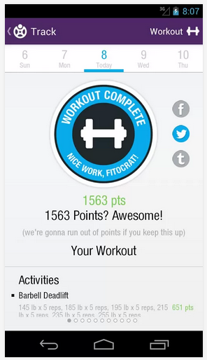 Fitocracy mobile dashboard