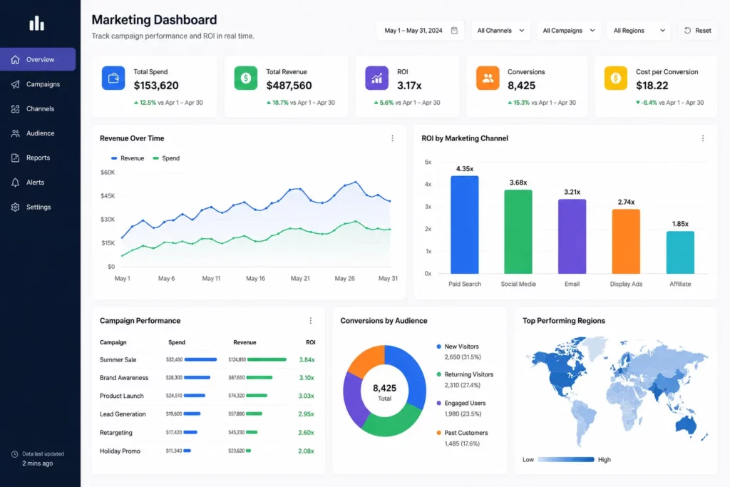 Example of an interactive marketing dashboard for analyzing campaign performance, ROI, conversions, audience segments, and regional results.