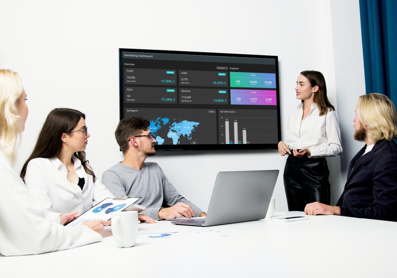 A business team is reviewing Performance Dashboards