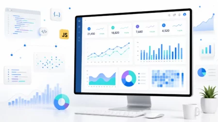Comparison of JavaScript charting libraries illustrated through an interactive dashboard with line charts, bar charts, pie charts, and heatmaps.
