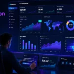 Modern data visualization dashboard featuring interactive charts, KPIs, heatmaps, maps, and AI-powered business analytics tools on a futuristic analytics interface.