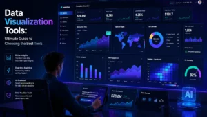 Modern data visualization dashboard featuring interactive charts, KPIs, heatmaps, maps, and AI-powered business analytics tools on a futuristic analytics interface.