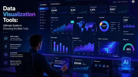 Modern data visualization dashboard featuring interactive charts, KPIs, heatmaps, maps, and AI-powered business analytics tools on a futuristic analytics interface.