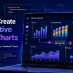 Featured image showing interactive React charts including bar, stacked bar, pie, area, and bubble charts created with FusionCharts in a React dashboard UI