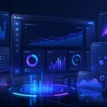 Futuristic dashboard interface showcasing interactive charts and analytics panels representing modern data visualization tools for web applications and business intelligence.