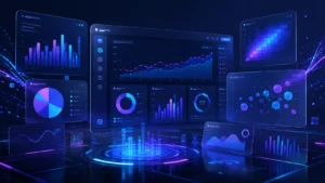 Futuristic dashboard interface showcasing interactive charts and analytics panels representing modern data visualization tools for web applications and business intelligence.