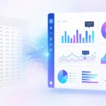 Illustration showing raw data transforming into interactive charts and dashboards using a JavaScript charting library