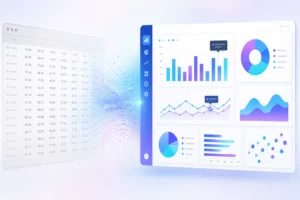 Illustration showing raw data transforming into interactive charts and dashboards using a JavaScript charting library