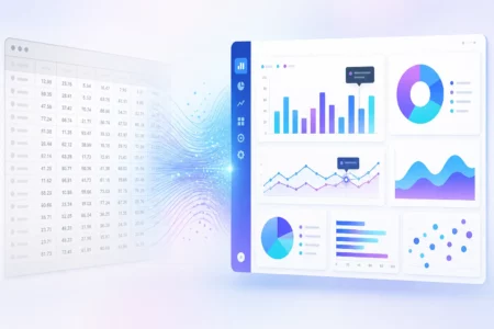 Illustration showing raw data transforming into interactive charts and dashboards using a JavaScript charting library