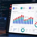 Interactive Angular charts dashboard created with FusionCharts, featuring stacked column charts, traffic analytics, KPI widgets, and responsive data visualizations.