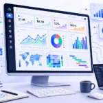 Illustration of a developer workspace featuring a Nuxt-powered analytics dashboard with interactive bar charts, line charts, pie charts, heatmaps, maps, Gantt charts, TypeScript integration, and cloud-connected data visualizations.